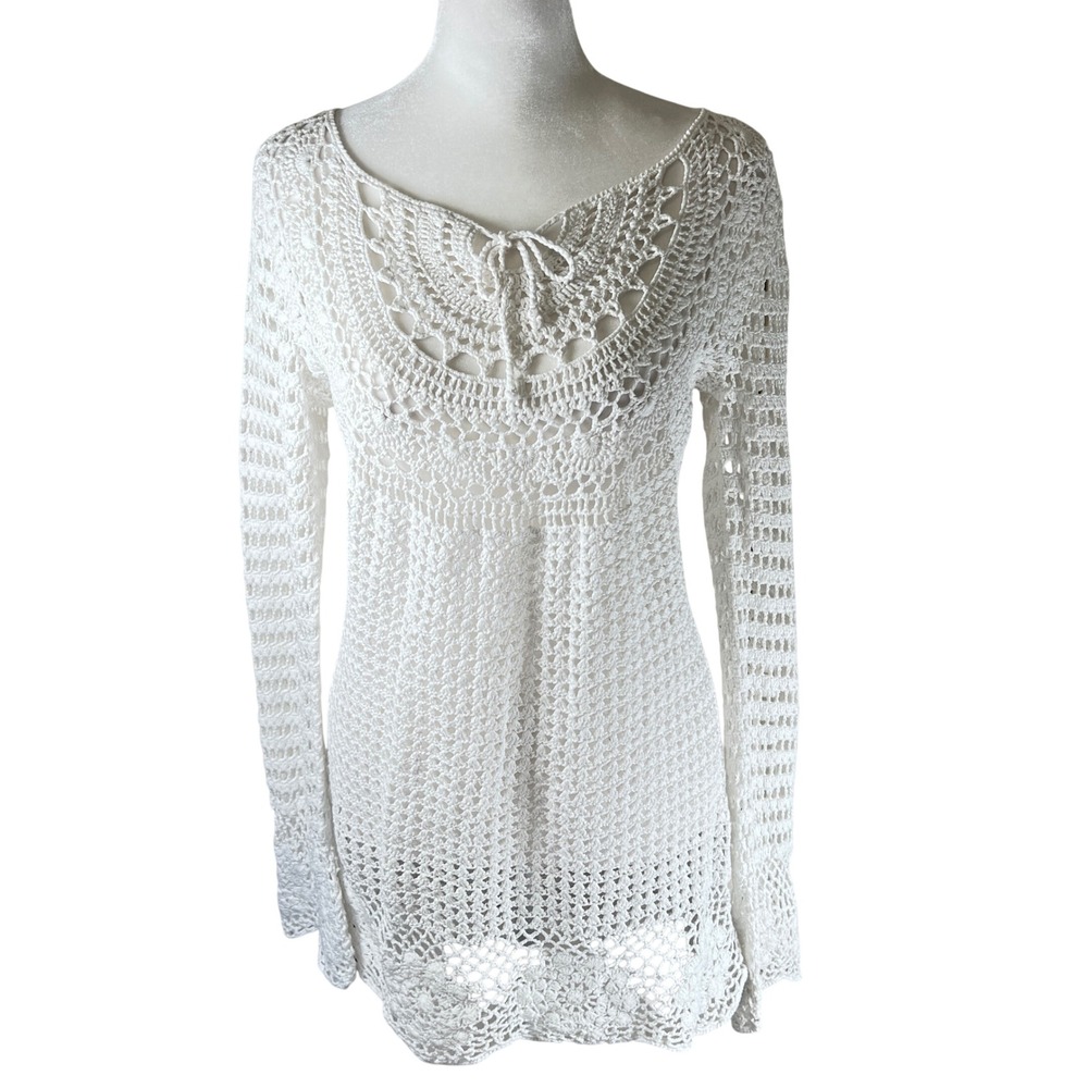 Newport News White Crochet Lace‎ Tie Neck Long Sleeve Tunic Top Size Medium